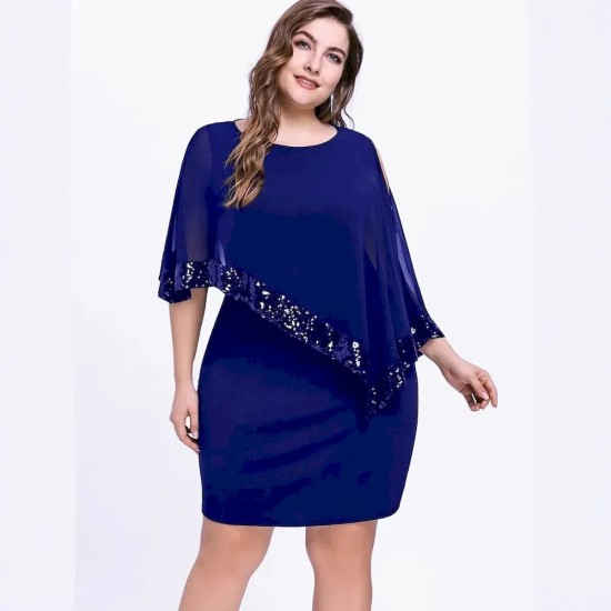 Women Fashion Irregular Plus Size Sequins Stitching Short-Sleeve Slim Fit Dress