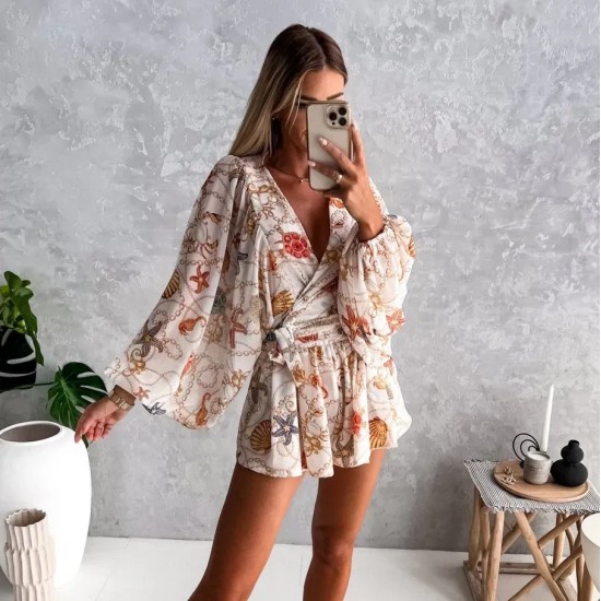 Women Fashion Vacation Floral Printed V-Neck Long Sleeve Top Loose Shorts Two-Piece Set