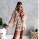 Women Fashion Vacation Floral Printed V-Neck Long Sleeve Top Loose Shorts Two-Piece Set