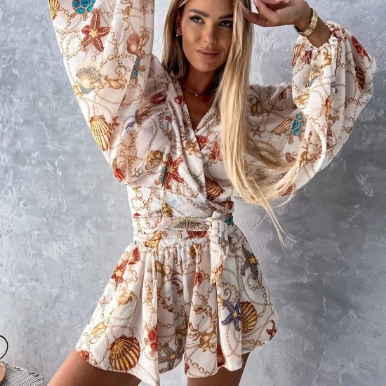 Women Fashion Vacation Floral Printed V-Neck Long Sleeve Top Loose Shorts Two-Piece Set