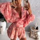 Women Fashion Vacation Floral Printed V-Neck Long Sleeve Top Loose Shorts Two-Piece Set