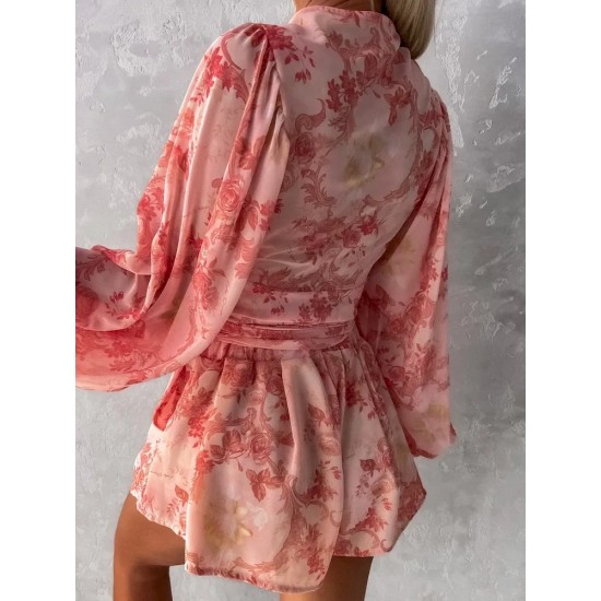 Women Fashion Vacation Floral Printed V-Neck Long Sleeve Top Loose Shorts Two-Piece Set
