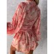Women Fashion Vacation Floral Printed V-Neck Long Sleeve Top Loose Shorts Two-Piece Set
