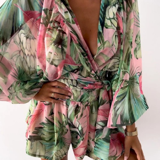 Women Fashion Vacation Floral Printed V-Neck Long Sleeve Top Loose Shorts Two-Piece Set