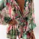 Women Fashion Vacation Floral Printed V-Neck Long Sleeve Top Loose Shorts Two-Piece Set