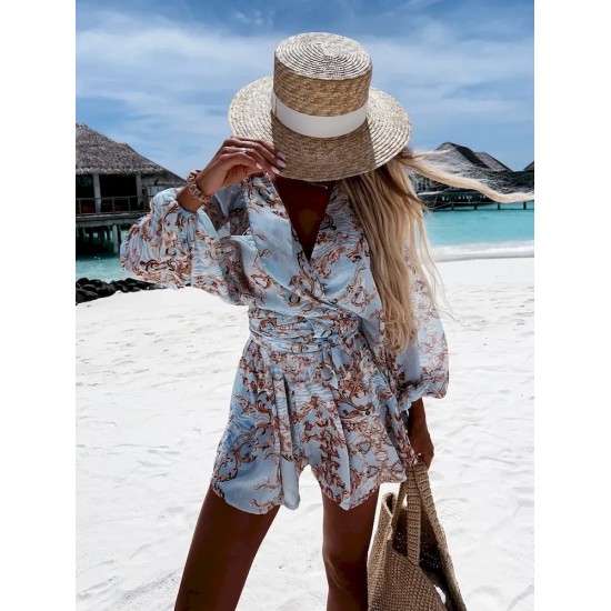 Women Fashion Vacation Floral Printed V-Neck Long Sleeve Top Loose Shorts Two-Piece Set