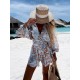 Women Fashion Vacation Floral Printed V-Neck Long Sleeve Top Loose Shorts Two-Piece Set