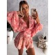 Women Fashion Vacation Floral Printed V-Neck Long Sleeve Top Loose Shorts Two-Piece Set