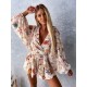 Women Fashion Vacation Floral Printed V-Neck Long Sleeve Top Loose Shorts Two-Piece Set