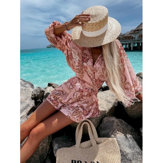 Women Fashion Vacation Floral Printed V-Neck Long Sleeve Top Loose Shorts Two-Piece Set