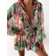 Women Fashion Vacation Floral Printed V-Neck Long Sleeve Top Loose Shorts Two-Piece Set