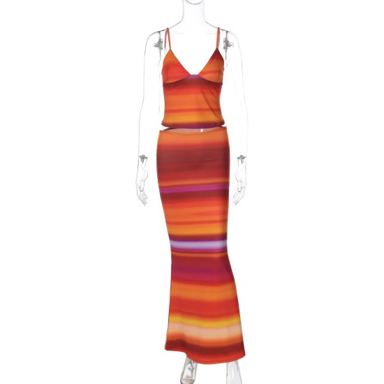 Women Fashion Sexy Printed V-Neck Camisole Slim-Fit Skirt Two-Piece Set