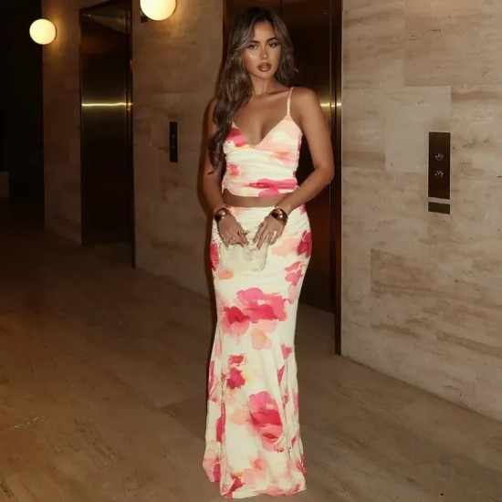 Women Fashion Sexy Printed V-Neck Camisole Slim-Fit Skirt Two-Piece Set
