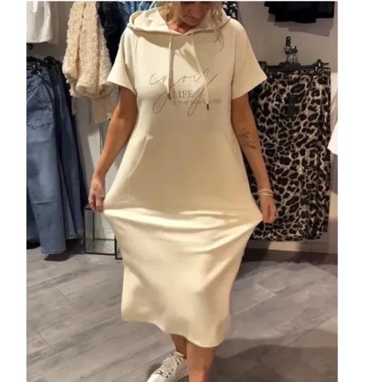 Women Fashion Casual Plus Size Solid Color Short-Sleeve Pocket Hoodies Loose Dress