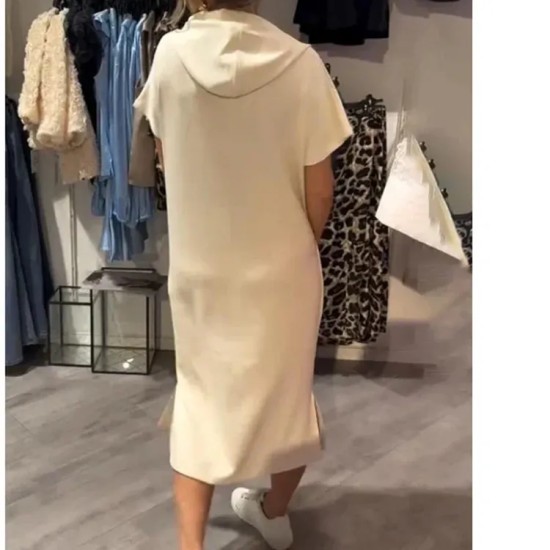 Women Fashion Casual Plus Size Solid Color Short-Sleeve Pocket Hoodies Loose Dress