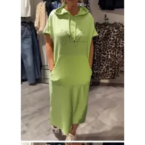Women Fashion Casual Plus Size Solid Color Short-Sleeve Pocket Hoodies Loose Dress