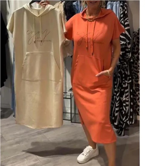 Women Fashion Casual Plus Size Solid Color Short-Sleeve Pocket Hoodies Loose Dress