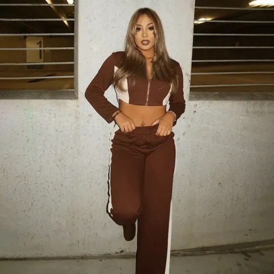 Women Fashion Casual Stitching Contrast Color Zipper Long Sleeve Coat High Waist Pants Two-Piece Set