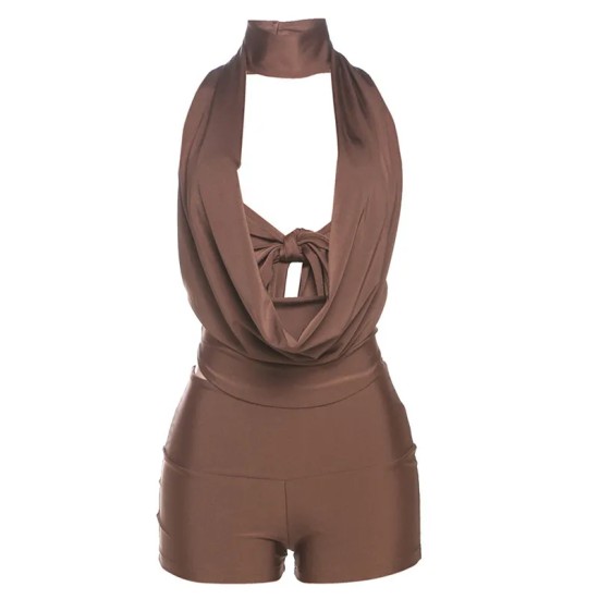 Women Fashion Sexy Solid Color Deep V-Neck Halter-Neck Backless Tight Shorts Two-Piece Set