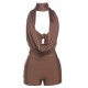 Women Fashion Sexy Solid Color Deep V-Neck Halter-Neck Backless Tight Shorts Two-Piece Set