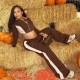 Women Fashion Casual Stitching Contrast Color Zipper Long Sleeve Coat High Waist Pants Two-Piece Set