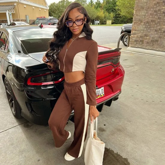 Women Fashion Casual Stitching Contrast Color Zipper Long Sleeve Coat High Waist Pants Two-Piece Set