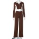 Women Fashion Casual Stitching Contrast Color Zipper Long Sleeve Coat High Waist Pants Two-Piece Set