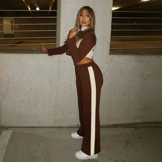 Women Fashion Casual Stitching Contrast Color Zipper Long Sleeve Coat High Waist Pants Two-Piece Set