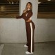 Women Fashion Casual Stitching Contrast Color Zipper Long Sleeve Coat High Waist Pants Two-Piece Set
