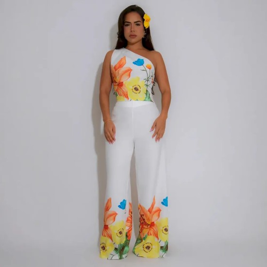Women Fashion Elegant Floral Printed Slanted Shoulder Sleeveless Crop Top Wide Leg Pants Two-Piece Set