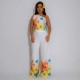 Women Fashion Elegant Floral Printed Slanted Shoulder Sleeveless Crop Top Wide Leg Pants Two-Piece Set