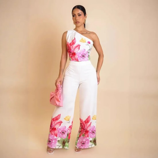 Women Fashion Elegant Floral Printed Slanted Shoulder Sleeveless Crop Top Wide Leg Pants Two-Piece Set
