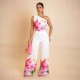 Women Fashion Elegant Floral Printed Slanted Shoulder Sleeveless Crop Top Wide Leg Pants Two-Piece Set