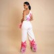 Women Fashion Elegant Floral Printed Slanted Shoulder Sleeveless Crop Top Wide Leg Pants Two-Piece Set