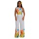 Women Fashion Elegant Floral Printed Slanted Shoulder Sleeveless Crop Top Wide Leg Pants Two-Piece Set