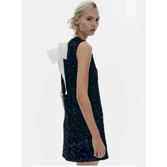 Women Fashion Elegant Solid Color Sequins Sleeveless Bowknot Lace-Up Slim Fit Dress