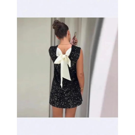 Women Fashion Elegant Solid Color Sequins Sleeveless Bowknot Lace-Up Slim Fit Dress