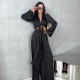 Women Fashion Sexy Solid Color Long-Sleeve Lace-Up Top Hollow-Out Split Pants Two-Piece Set
