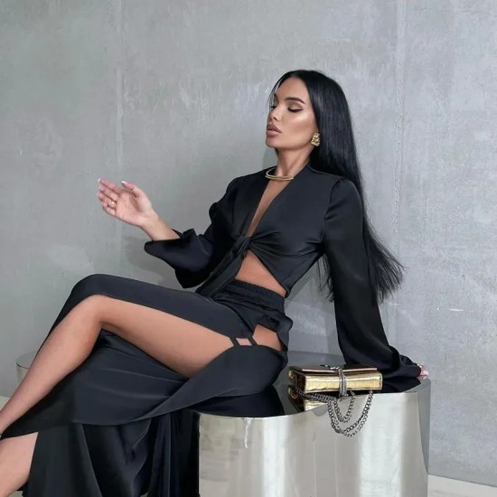Women Fashion Sexy Solid Color Long-Sleeve Lace-Up Top Hollow-Out Split Pants Two-Piece Set