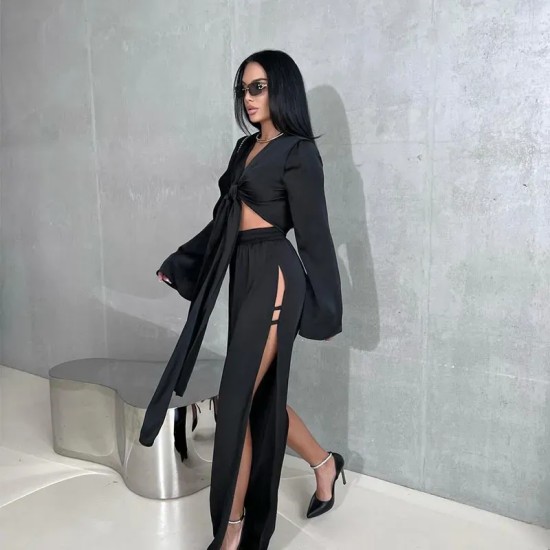 Women Fashion Sexy Solid Color Long-Sleeve Lace-Up Top Hollow-Out Split Pants Two-Piece Set