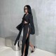 Women Fashion Sexy Solid Color Long-Sleeve Lace-Up Top Hollow-Out Split Pants Two-Piece Set