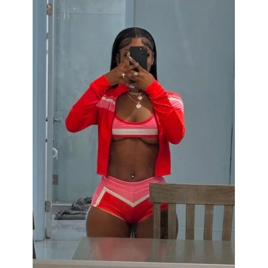 Women Fashion Sexy Contrast Color Tank Top Tight Shorts Long-Sleeve Jacket Three-Piece Set