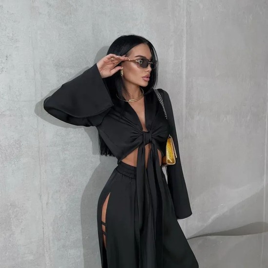 Women Fashion Sexy Solid Color Long-Sleeve Lace-Up Top Hollow-Out Split Pants Two-Piece Set