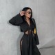 Women Fashion Sexy Solid Color Long-Sleeve Lace-Up Top Hollow-Out Split Pants Two-Piece Set