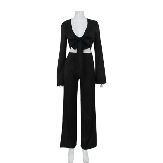 Women Fashion Sexy Solid Color Long-Sleeve Lace-Up Top Hollow-Out Split Pants Two-Piece Set