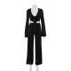 Women Fashion Sexy Solid Color Long-Sleeve Lace-Up Top Hollow-Out Split Pants Two-Piece Set