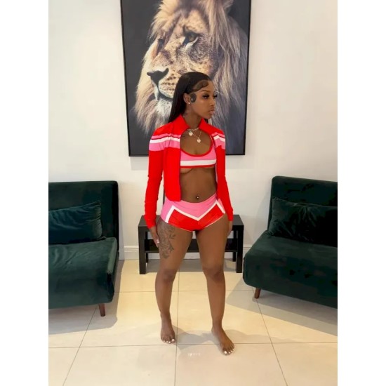 Women Fashion Sexy Contrast Color Tank Top Tight Shorts Long-Sleeve Jacket Three-Piece Set