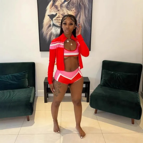 Women Fashion Sexy Contrast Color Tank Top Tight Shorts Long-Sleeve Jacket Three-Piece Set