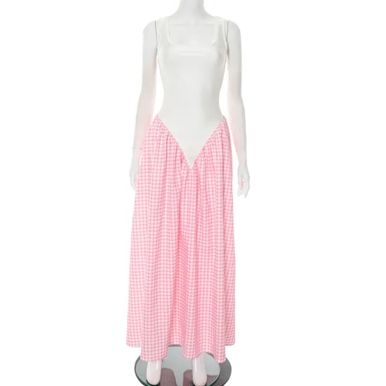 Women Fashion Sexy Patchwork Plaid Printed Sleeveless Loose Dress Women Fashion Sexy Patchwork Plaid Printed Sleeveless Loose Dress