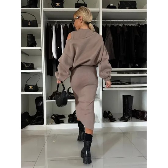 Women Fashion Solid Color Batwing Sleeve Sweatshirt Sleeveless Slim Fit Dress Two-Piece Set